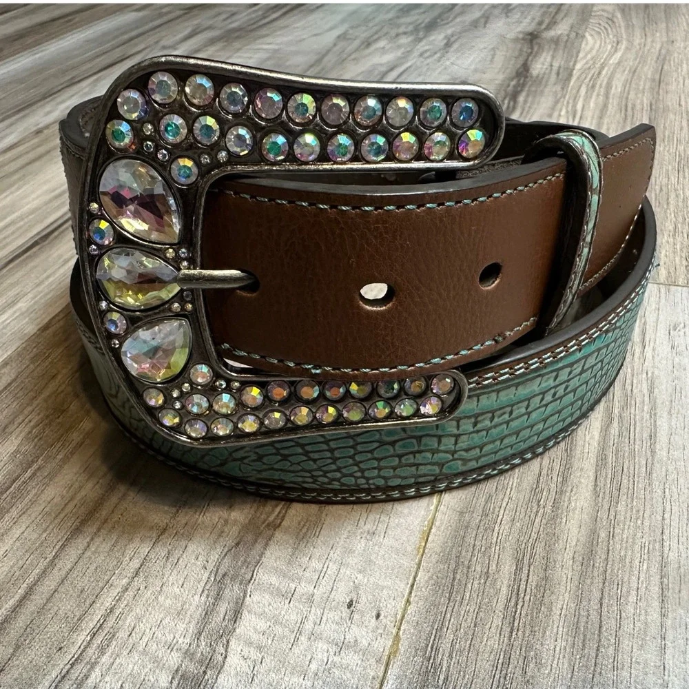 Roper Western Turquoise Brown Leather Rhinestone Bling Buckle Belt Size XL 38/40